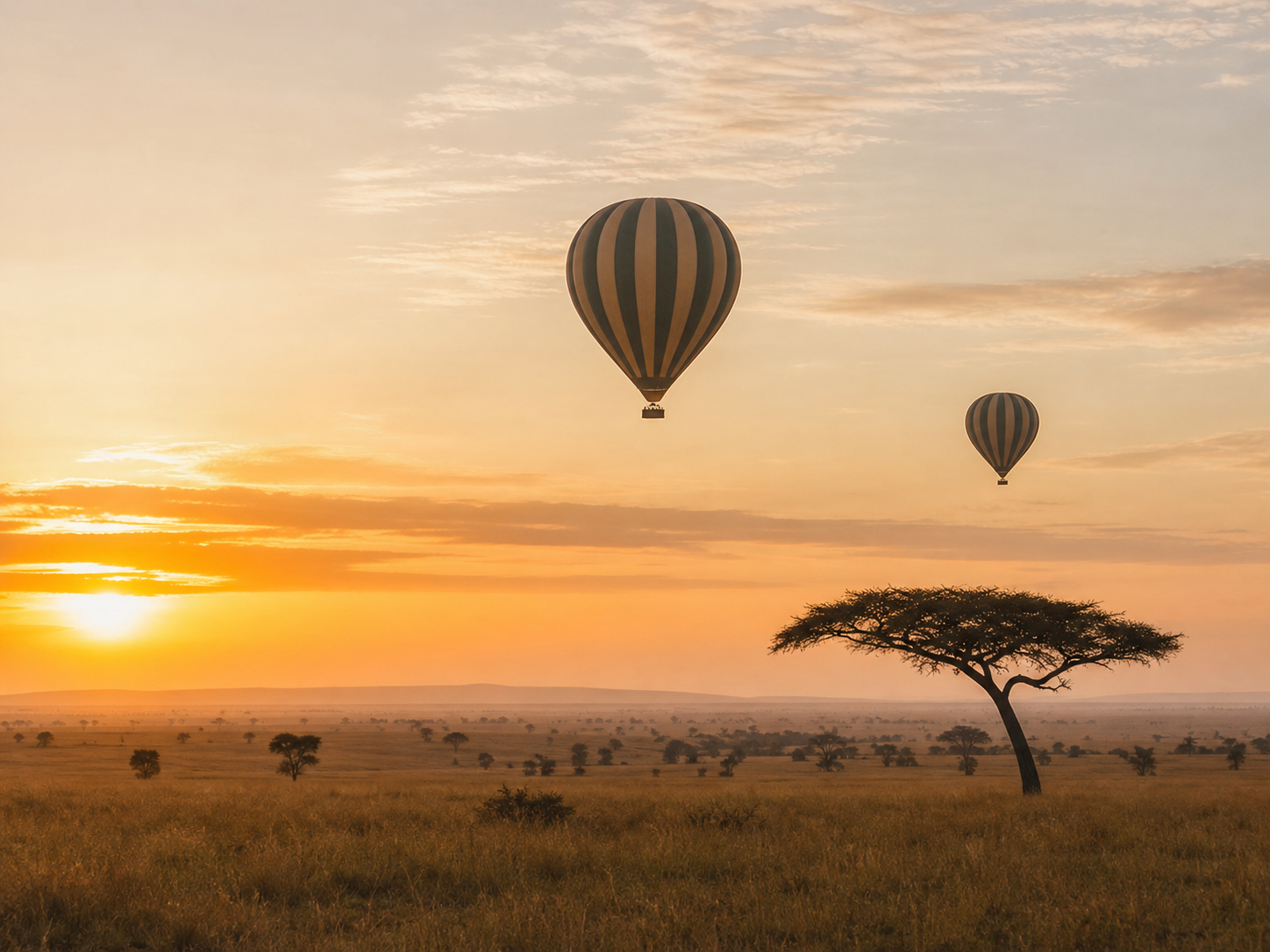 Hot air balloons floating over East African plains at sunrise